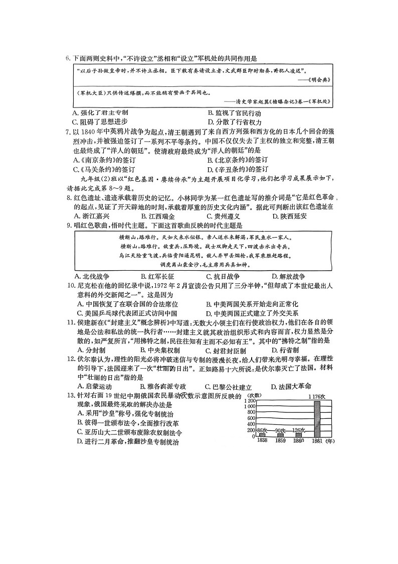 山西省2025年九年级学业水平质量监测（三）历史试题与参考答案第2页