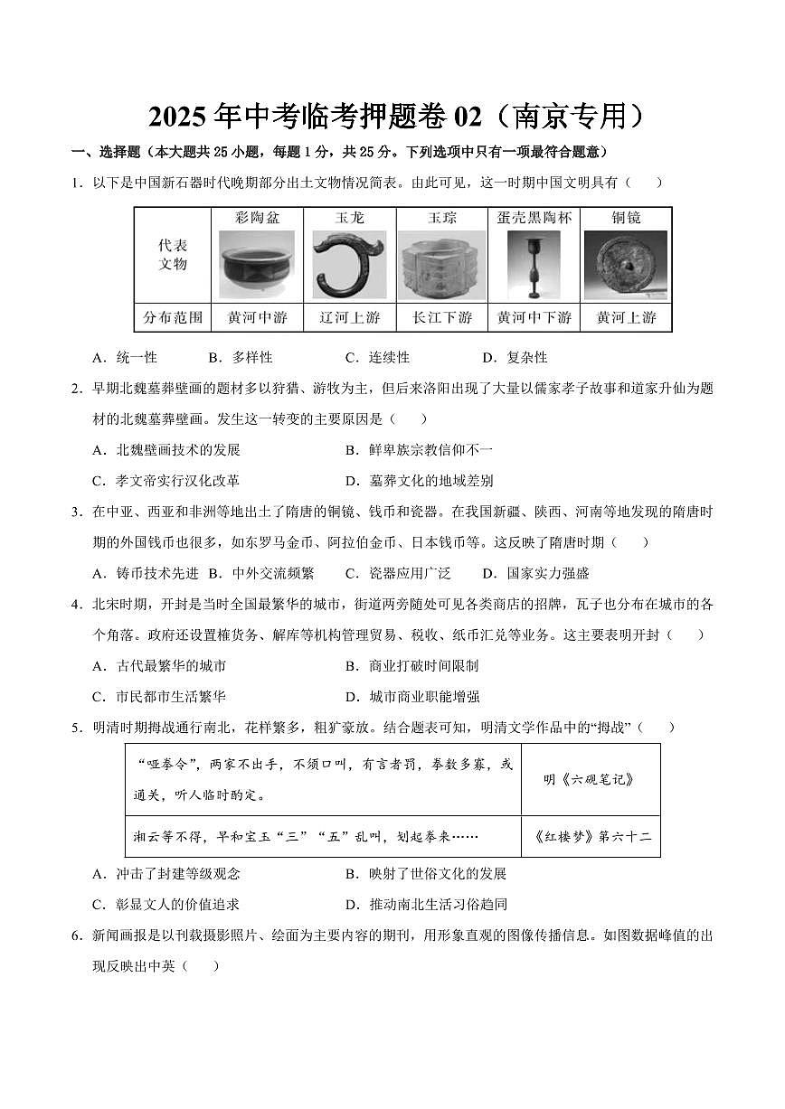 2025中考历史专题复习试卷临考押题卷02(原卷版)第1页