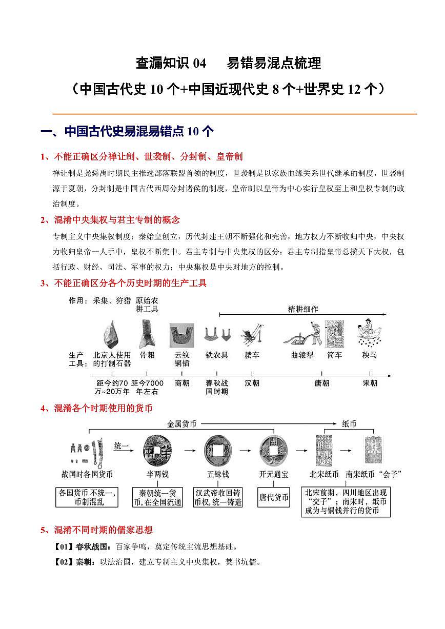 2025中考历史专题复习讲义04 易错易混点梳理(中国古代史10个+中国近现代史8个+世界史12个)第1页