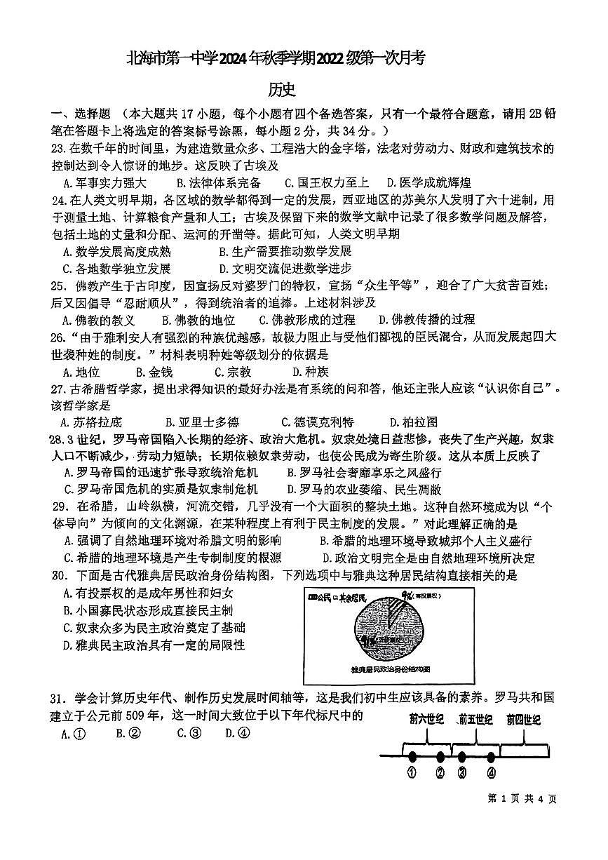 广西壮族自治区北海市第一中学2024-2025学年部编版九年级上学期第一次月考历史试题第1页