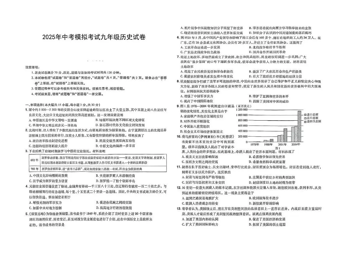2025年安徽省亳州市三模历史试题（中考模拟）第1页