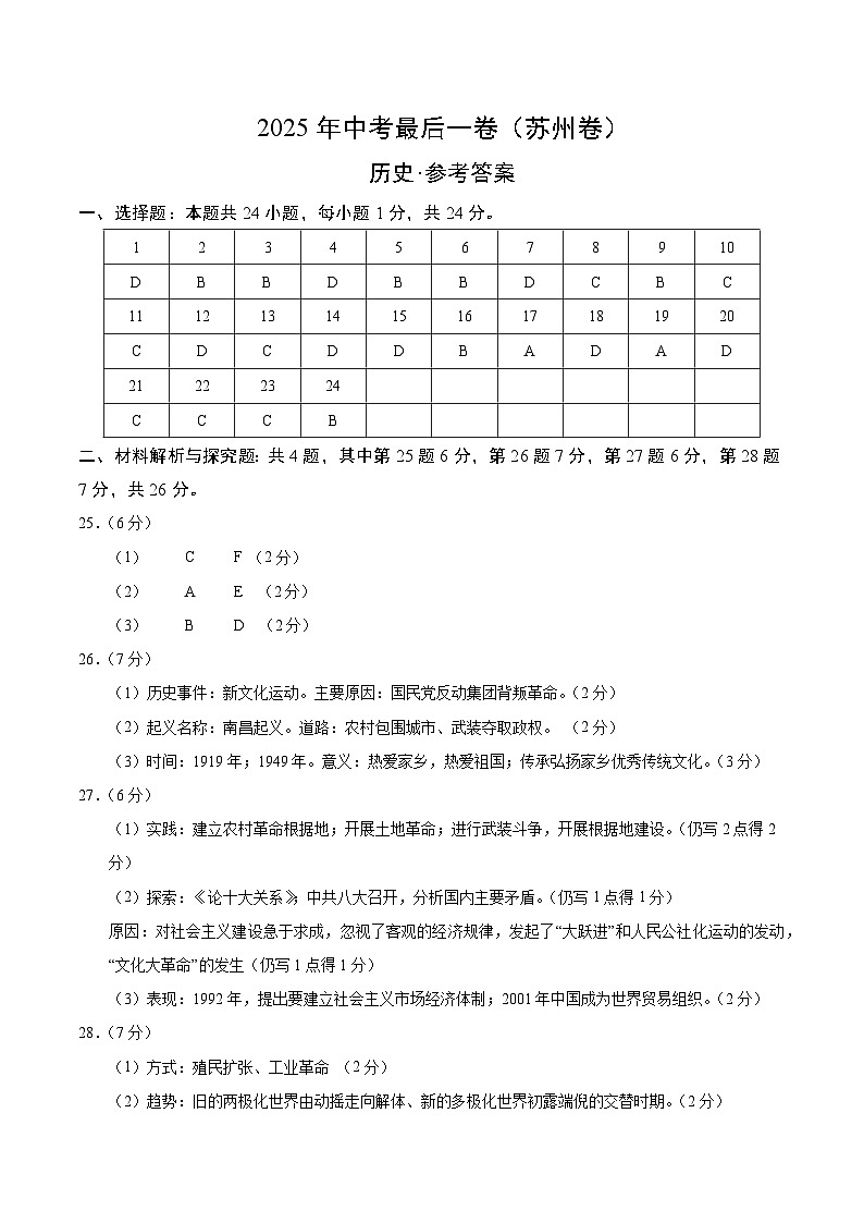 历史（苏州卷）（参考答案）第1页