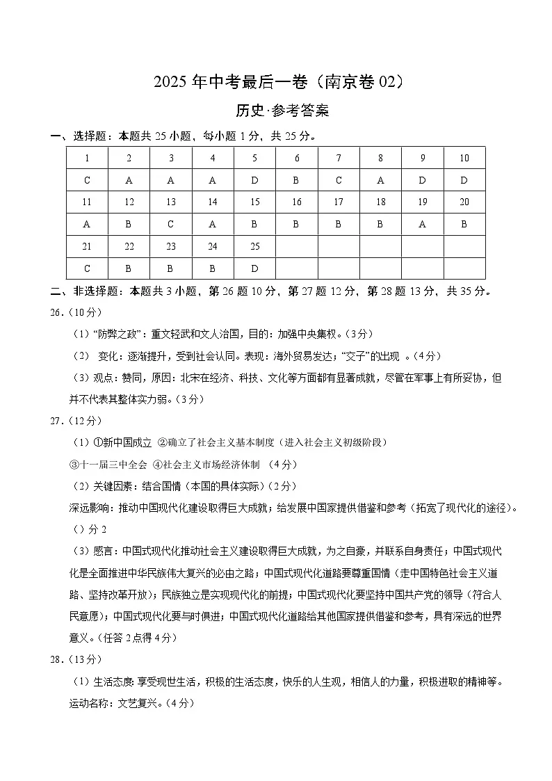 历史（江苏南京卷02）（参考答案）第1页