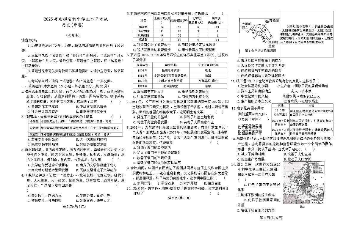 2025年安徽省滁州市来安县中考三模历史试题（中考模拟）第1页