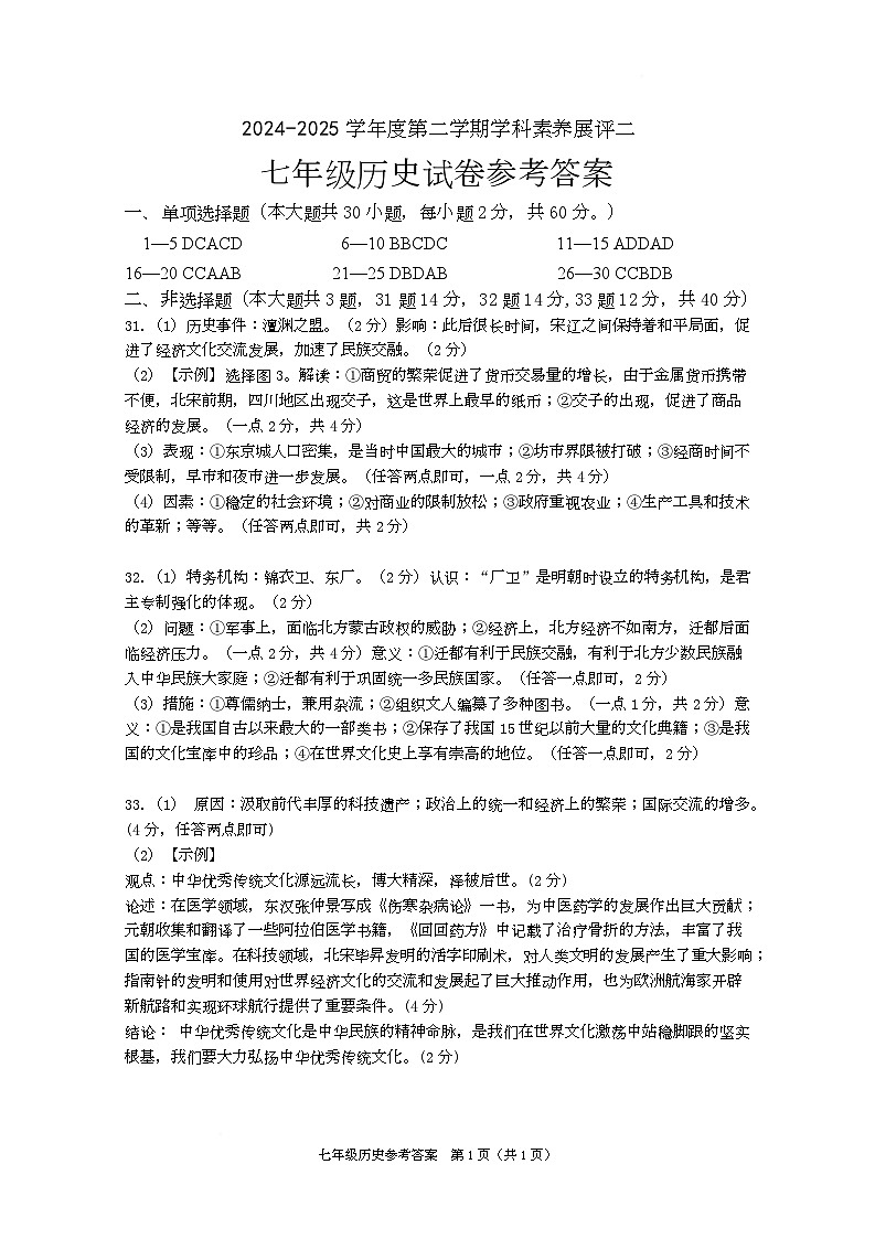 七年级历史 2024-2025第二学期 七年级 历史 素养展评二 参考答案第1页