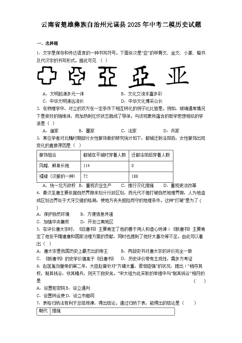 云南省楚雄彝族自治州元谋县2025年中考二模历史试题（解析版）第1页