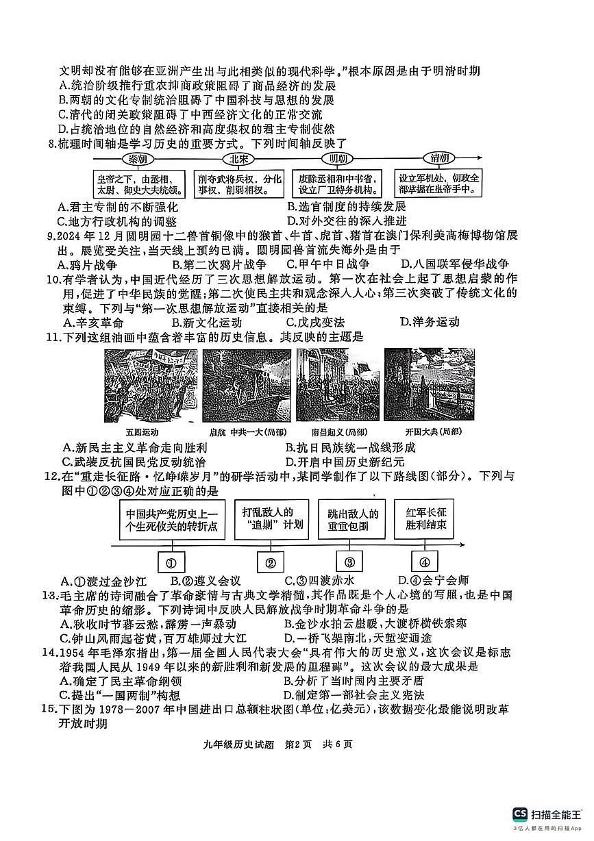 2025年山东省枣庄市滕州市中考三模历史试题（图片版，含答案）第2页
