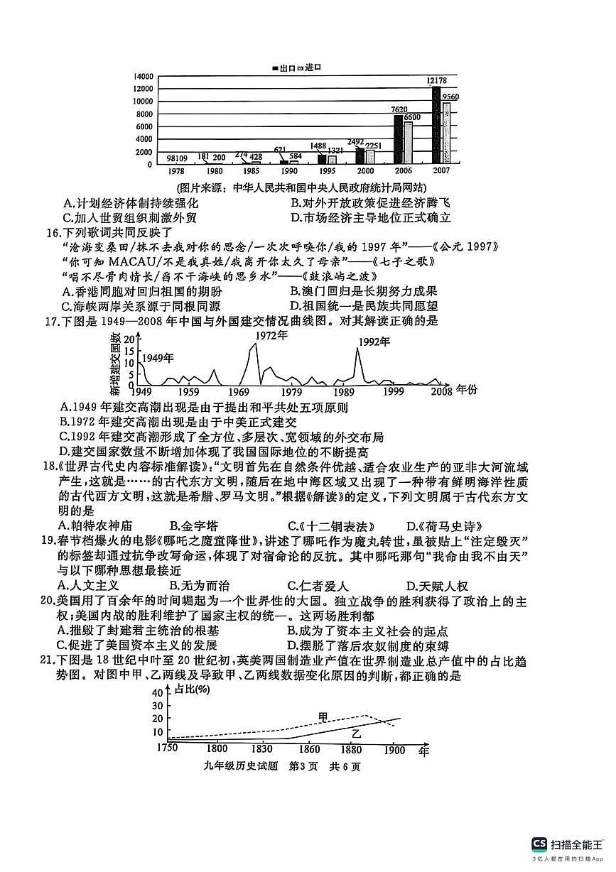 2025年山东省枣庄市滕州市中考三模历史试题（图片版，含答案）第3页