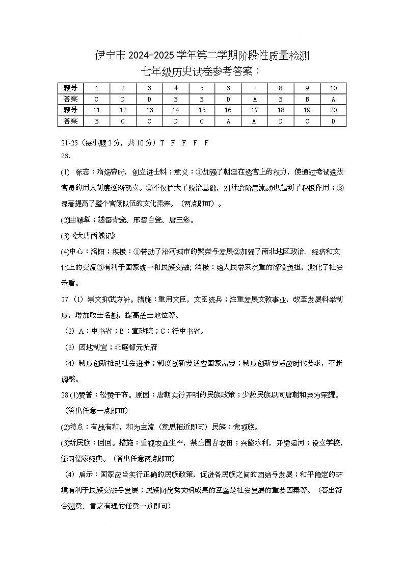 伊宁市2024-2025学年第二学期期中试卷七年级历史参考答案第1页