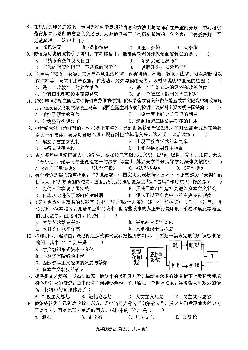 海南省海口市八校联考2024-2025学年部编版九年级上学期期中历史试题第2页
