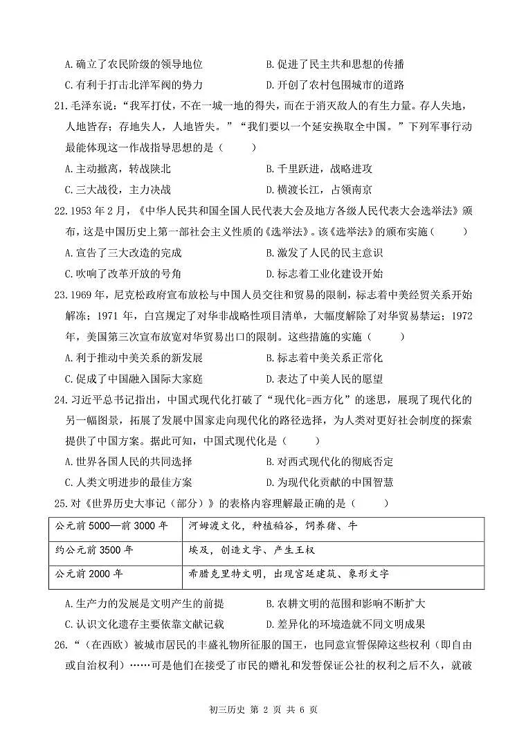 2025年6月深圳市多校初三质量检测历史试卷第2页