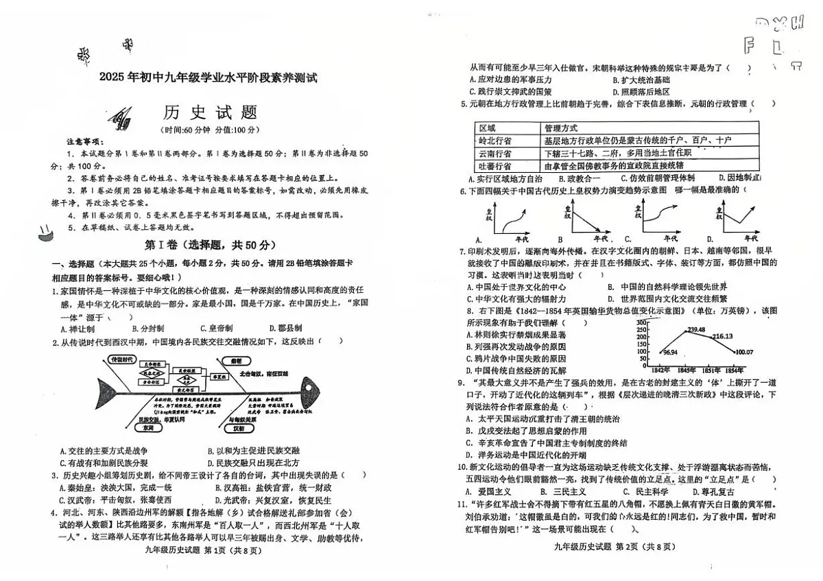 2025山东省日照市莒县第三中学中考三模历史试题（中考模拟）第1页