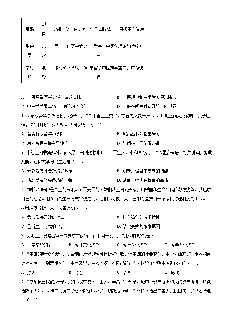 2025年湖南省中考三模历史试题.（含答案）第2页