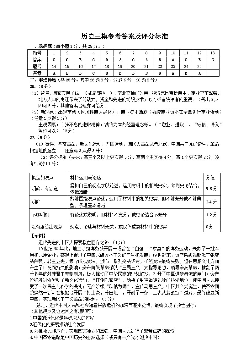 江苏省扬州市2024-2025学年九年级第二学期第三次模拟历史答案第1页
