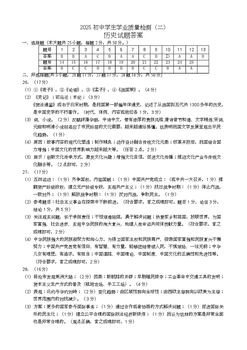 2025二模历史答案第1页
