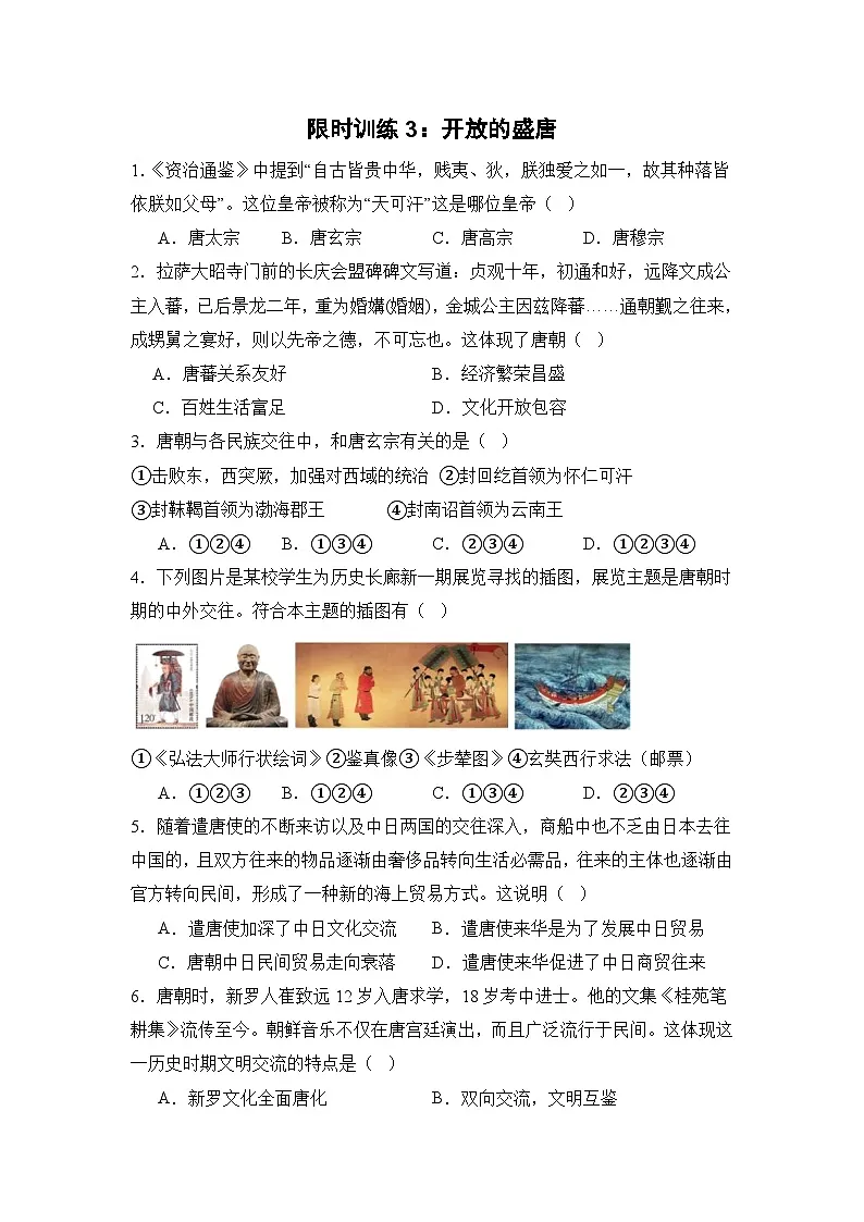 【期末精准押题】限时训练3：开放的盛唐（学用无答案）第1页