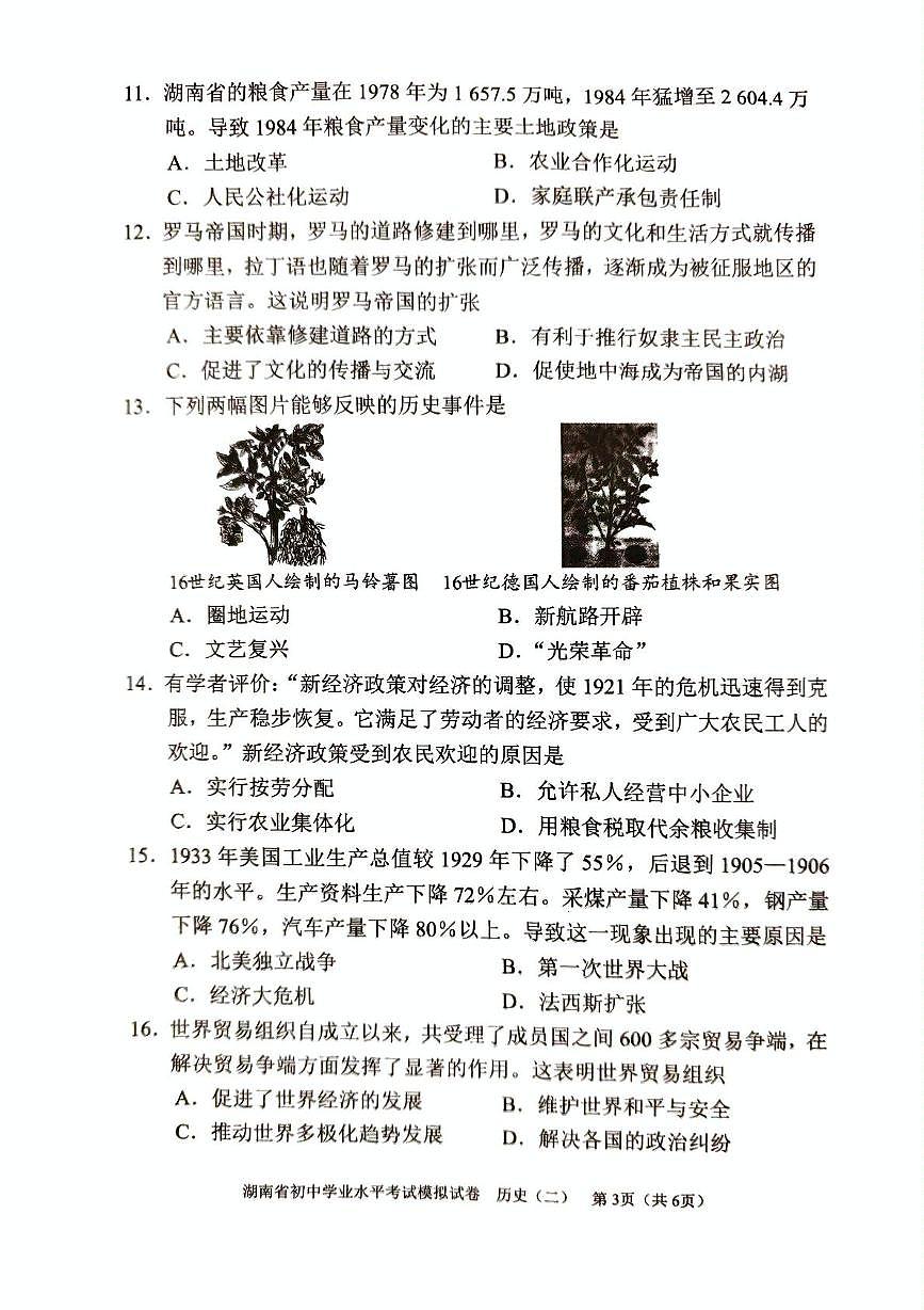 2025年湖南省初中学业水平考试模拟历史试卷（中考模拟）第3页