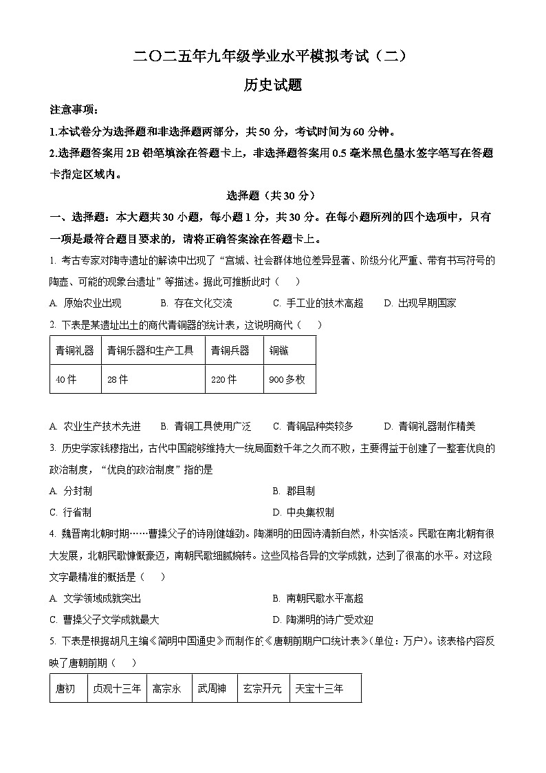 2025年山东省菏泽市巨野县中考二模历史试题（中考模拟）第1页