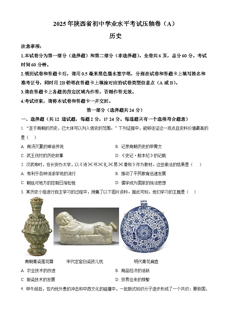 2025年陕西省商洛市商南县中考三模历史试题（中考模拟）第1页