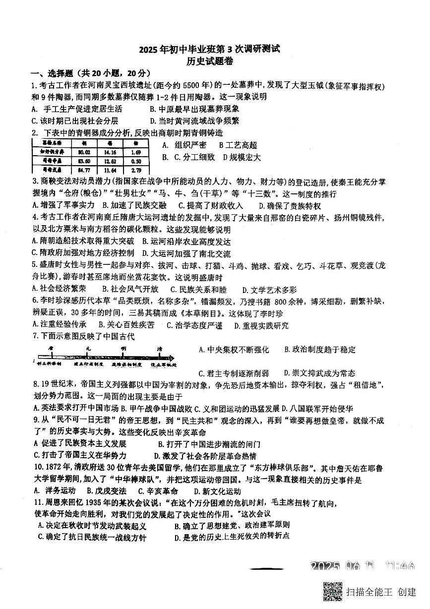2025年河南省南阳市第二十一学校中考三模历史试题（图片版，含答案）第1页