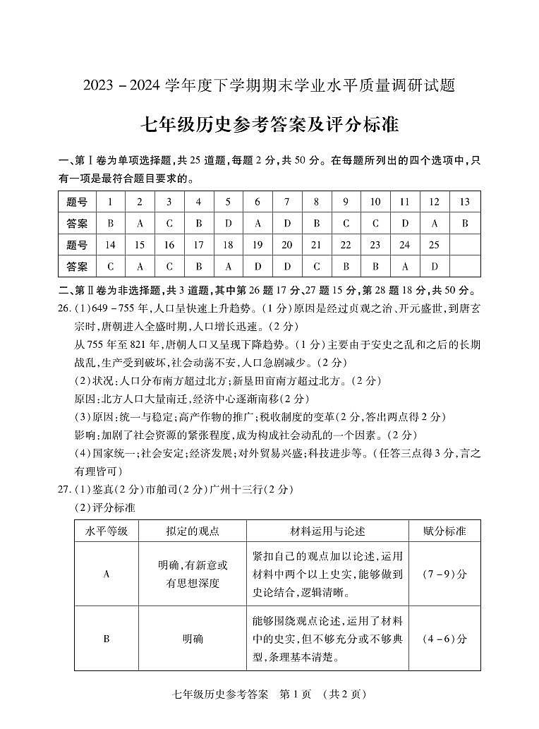 2024七历史期末答案第1页