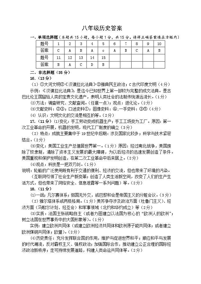 （答案）2023-2024学年度第一学期期末诊断题八年级历史答案第1页