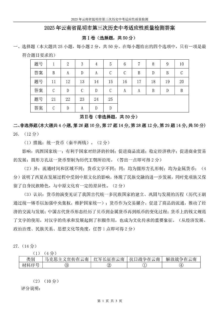 2025年云南省昆明市第三次历史中考适应性质量检测 2025年云南省昆明市第三次历史中考适应性质量检测答案第1页