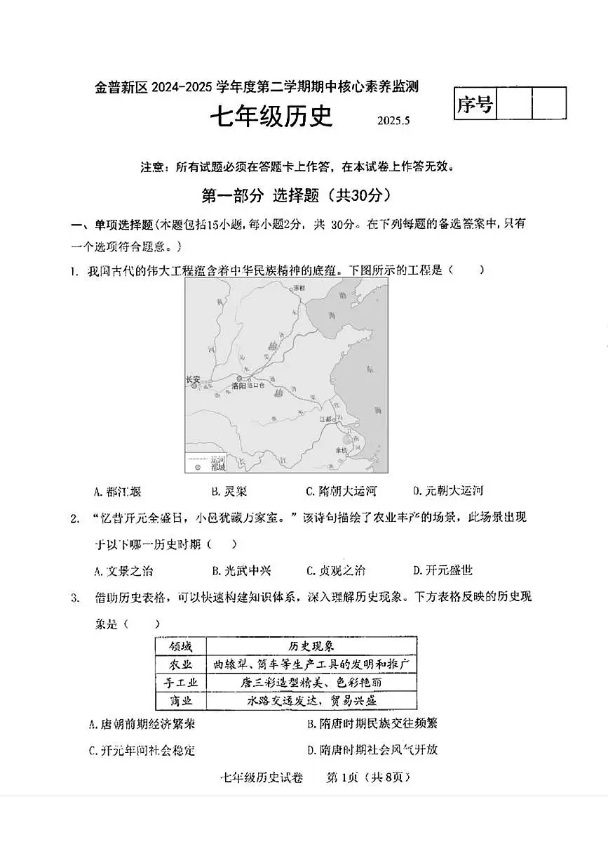 辽宁省大连市金普新区2024-2025学年七年级下学期期中考试历史试题第1页