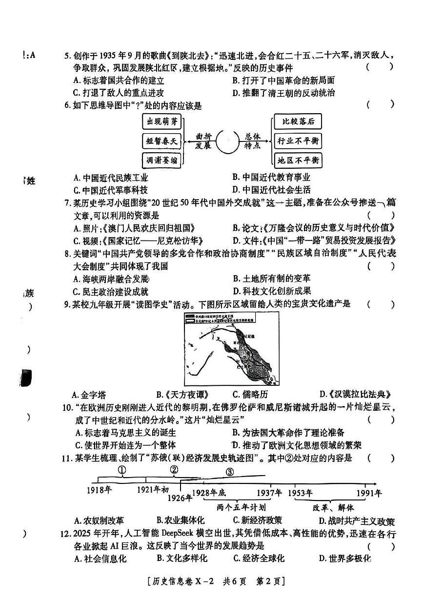 2025年陕西省榆林市榆阳区第一中学九年级历史模拟试题第2页