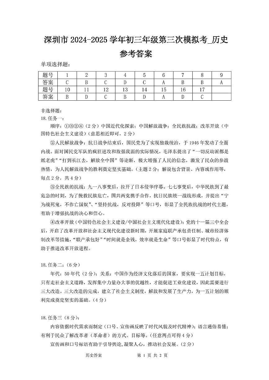 2025年深圳市高级中学三模历史参考答案第1页
