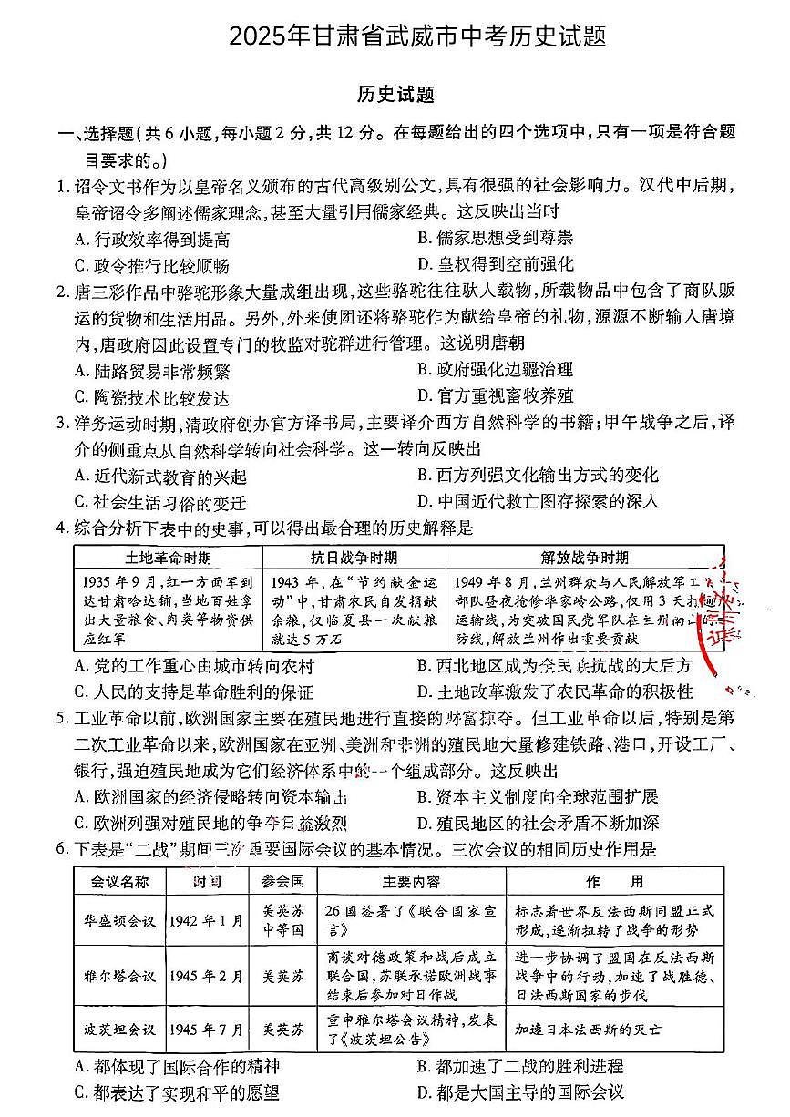 2025年甘肃省武威市 嘉峪关市 临夏州中考历史试题（中考模拟）第1页