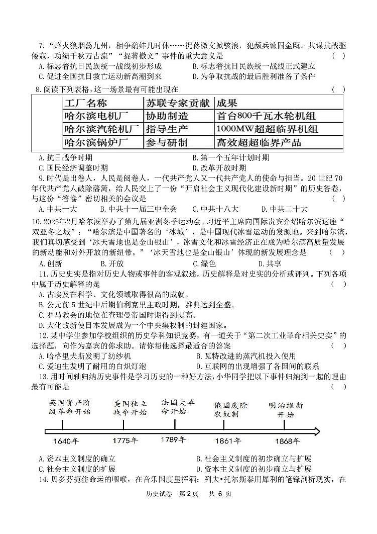 2025年九年级适应性测试历史试卷 （二）第2页