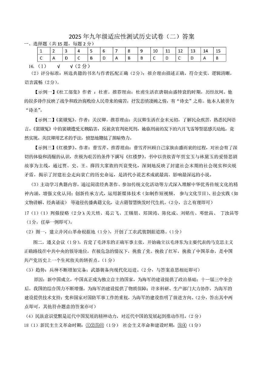 九年级适应性测试历史试卷（二）答案第1页