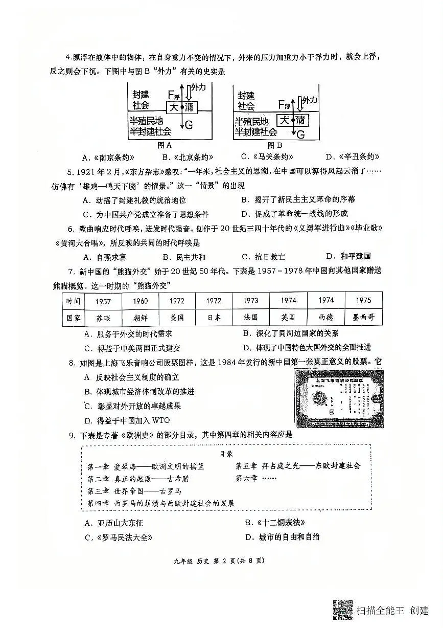 2025年陕西省西安市高新第一中学中考八模历史试题（中考模拟）第2页