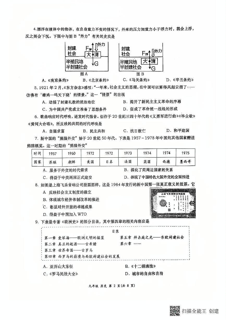 2025年陕西省西安市高新第一中学中考八模历史试题（中考模拟）第2页