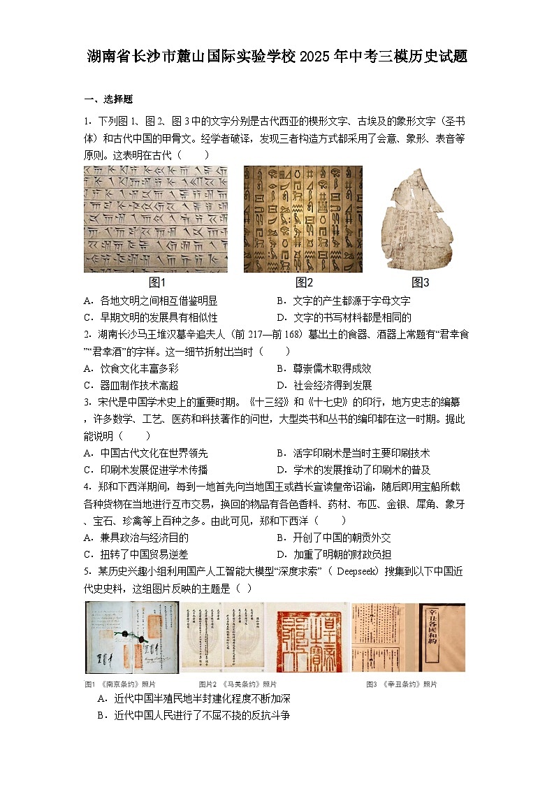 湖南省长沙市麓山国际实验学校2025年中考三模历史试题（含答案）第1页