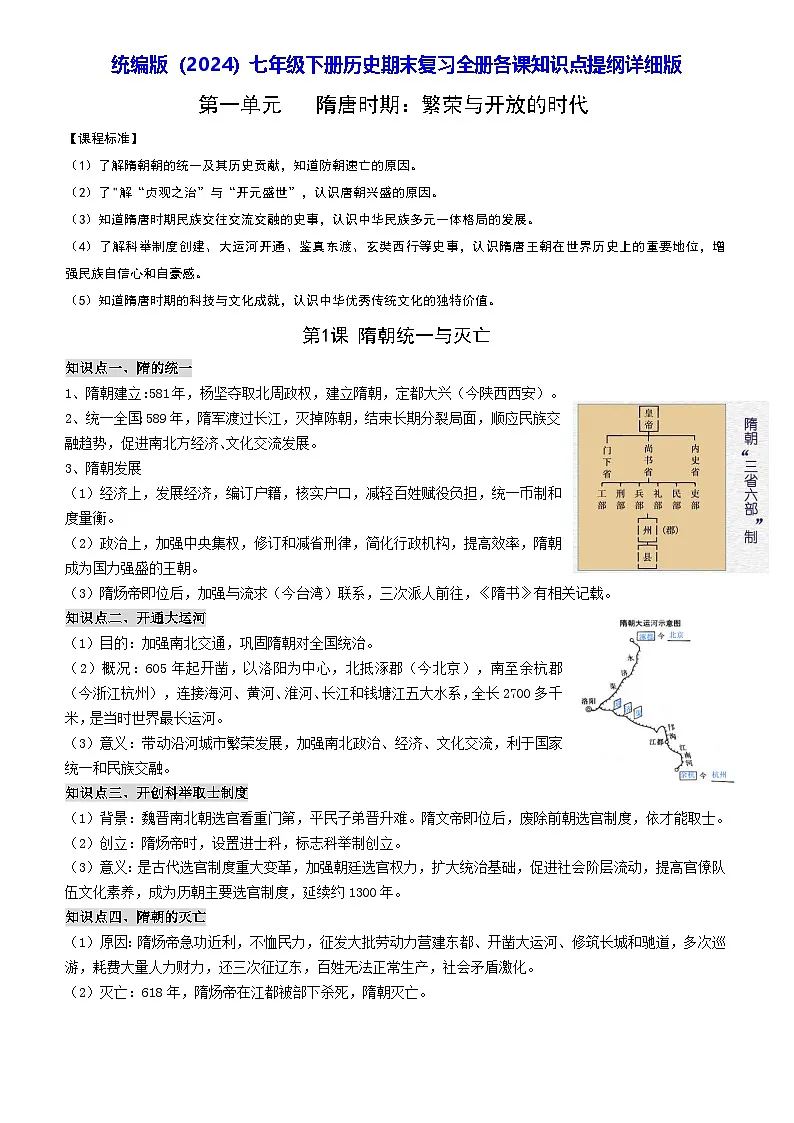 统编版（2024）七年级下册历史期末复习全册各课知识点提纲详细版 学案第1页