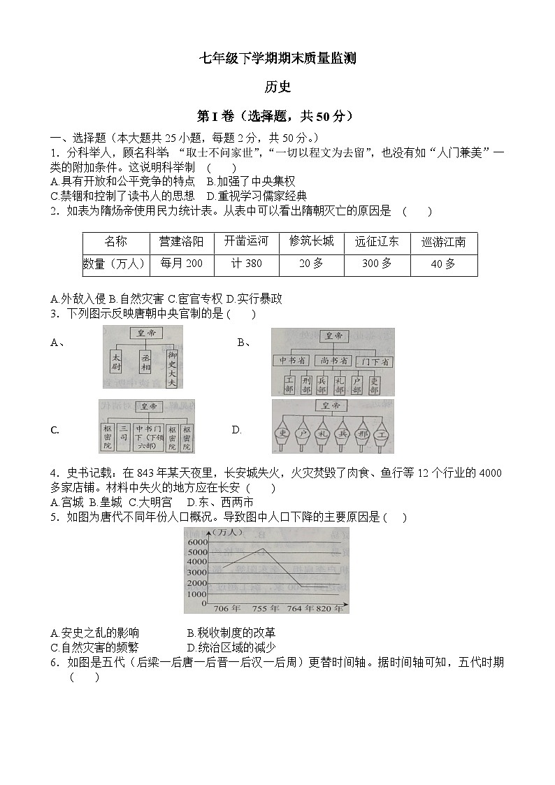 山东省临沂市沂南县沂南中学2024-2025学年部编版七年级 历史下学期期末学业质量监测（5）第1页