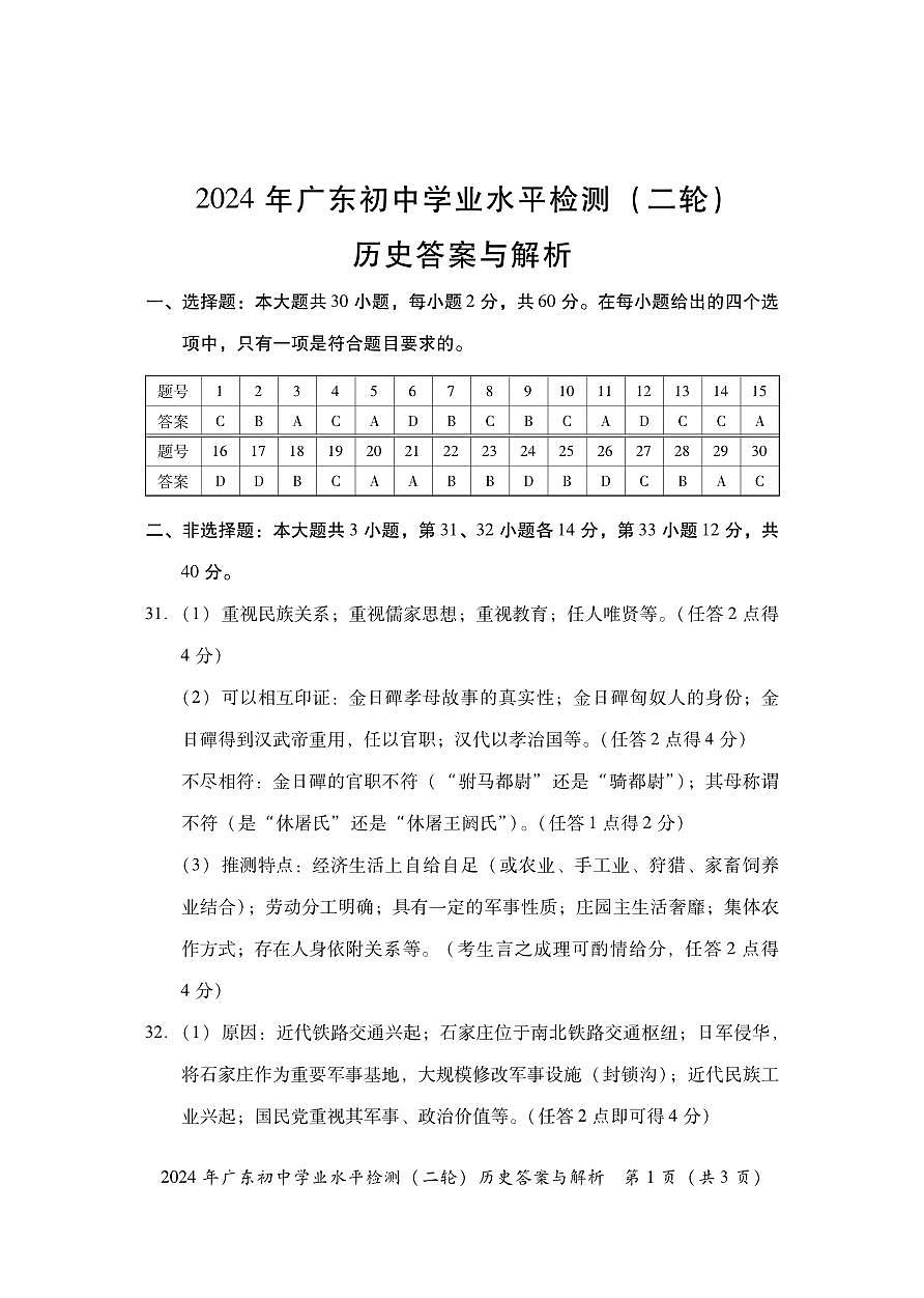 2024广东初中学业水平检测（二轮）历史——答案第1页