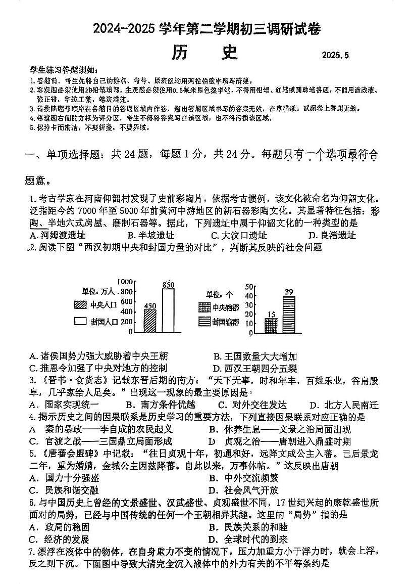 江苏省苏州市工业园区振华中学校2025年九年级历史下学期中考二模试卷第1页