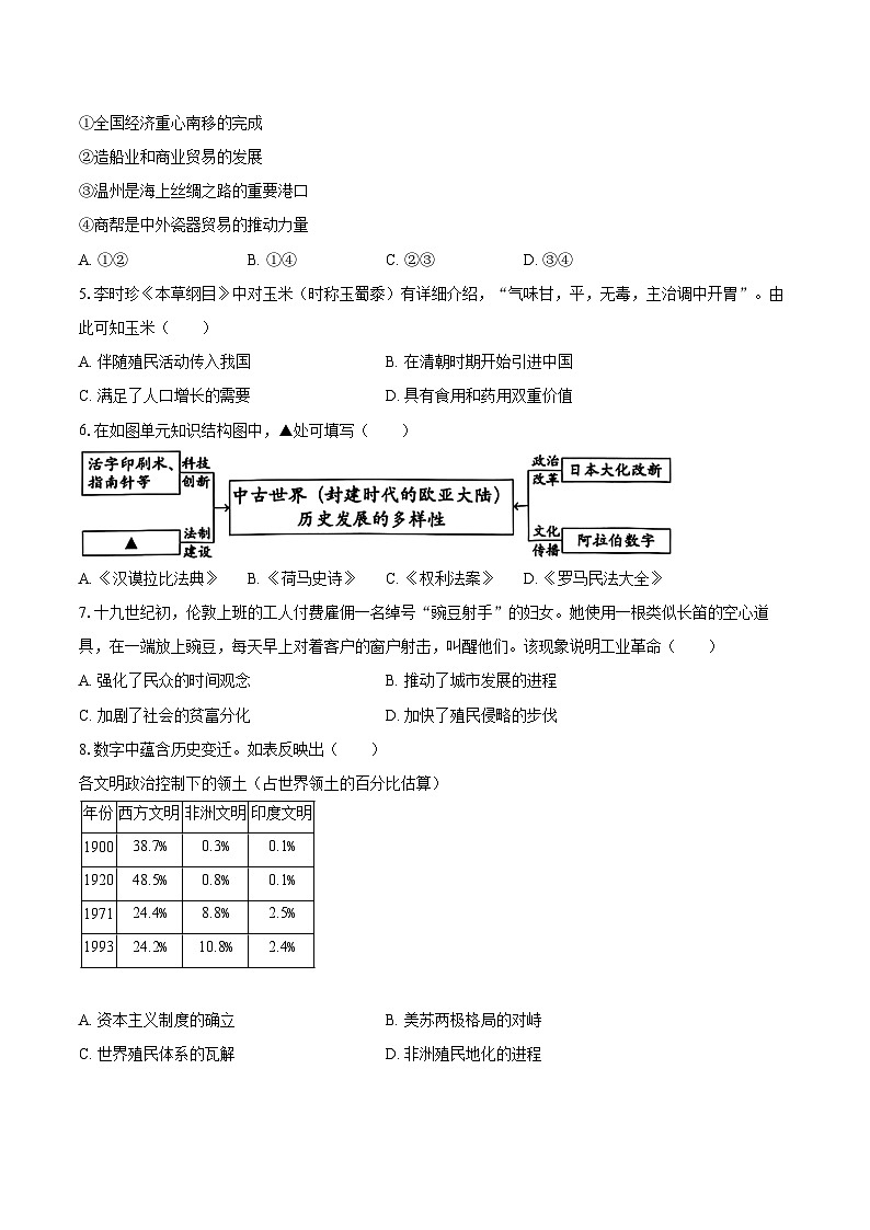 2025年浙江省温州市瓯海区、乐清市、永嘉县、苍南县中考历史二模试卷（含答案）第2页