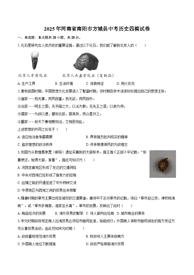 2025年河南省南阳市方城县中考历史四模试卷第1页