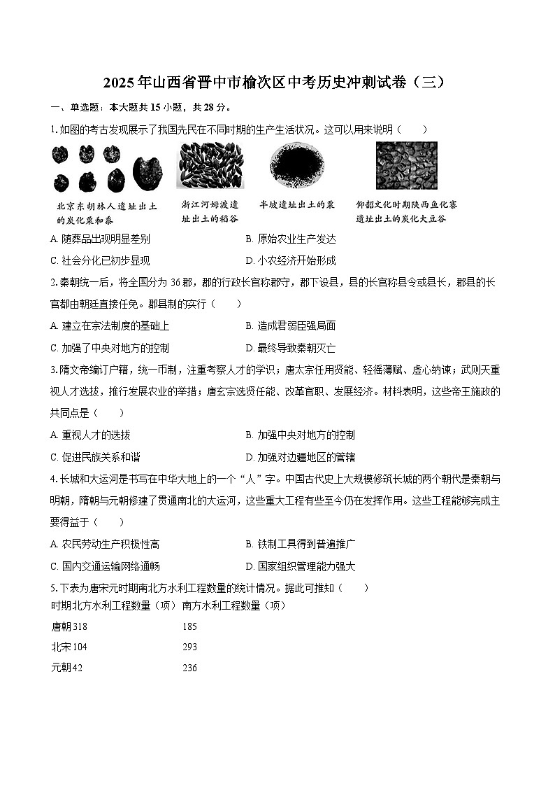 2025年山西省晋中市榆次区中考历史冲刺试卷（三）-自定义类型第1页