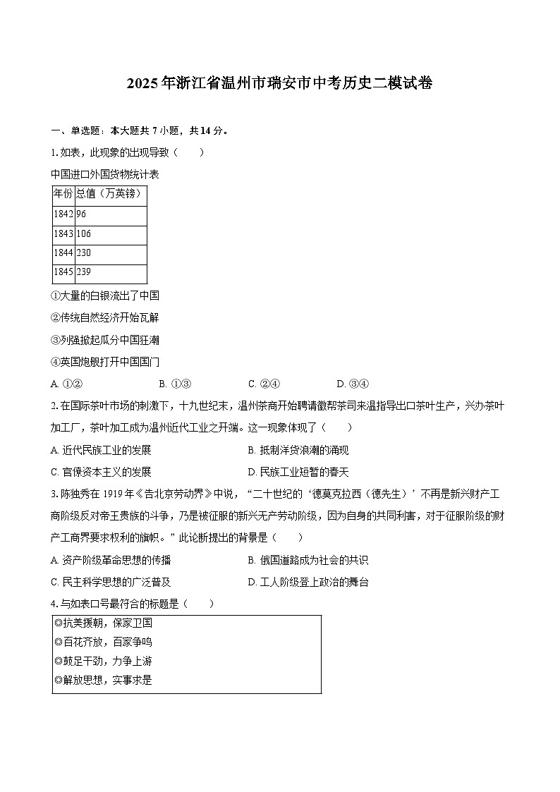 2025年浙江省温州市瑞安市中考历史二模试卷第1页