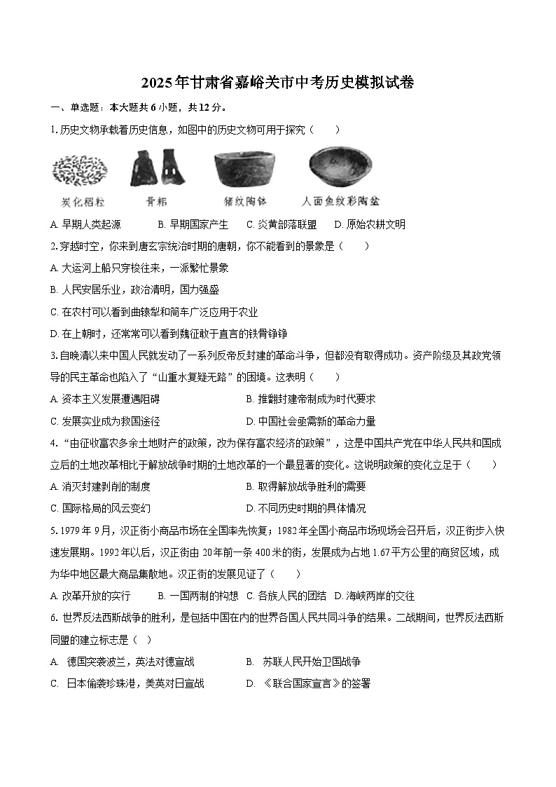 2025年甘肃省嘉峪关市中考历史模拟试卷（解析版）第1页