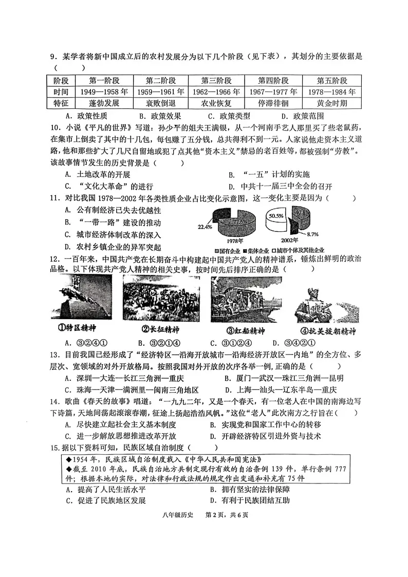 安徽省池州市贵池区2024-2025学年部编版八年级下学期历史期末检测试卷（含答案）第2页