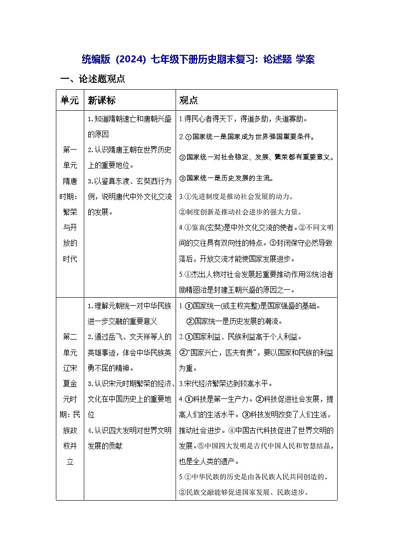 统编版（2024）七年级下册历史期末复习：论述题 学案（含练习题及答案）第1页