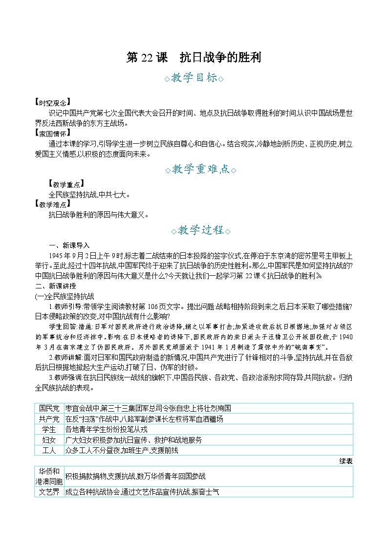 人教版初中历史八年级上册第22课 抗日战争的胜利21教学设计教案第1页
