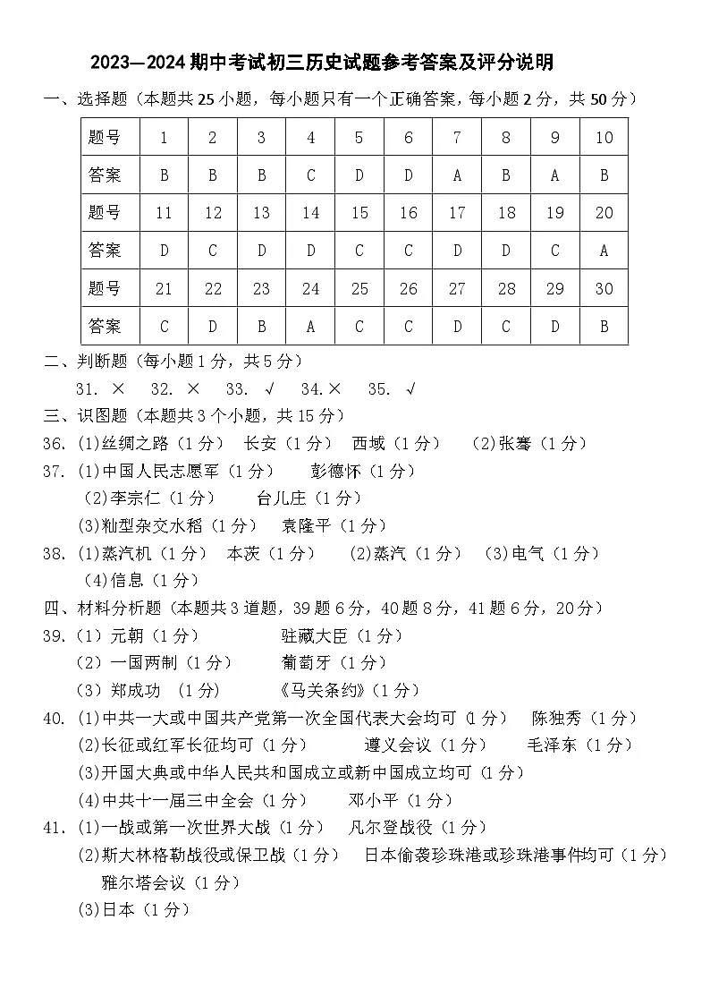 初三历史试题参考答案及评分说明第1页