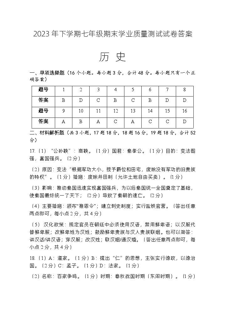 2023年下学期七年级期末学业质量测试历史参考答案第1页
